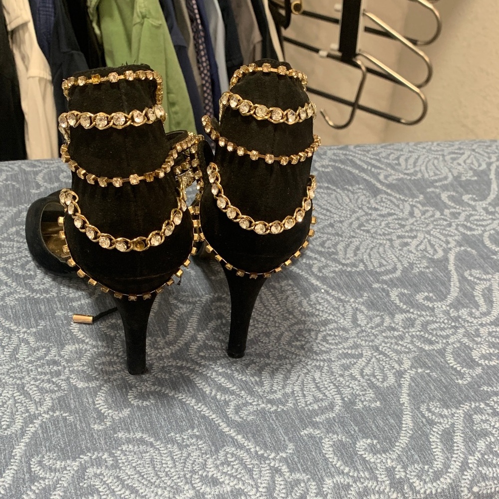 Thalia Sodi Black High Heel Sandals with Gold Crystal Straps
